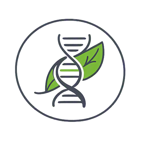 Minimal line‑art icon featuring a DNA helix intertwined with a green leaf inside a circular frame. Represents biological intelligence and ecosystem insights.
