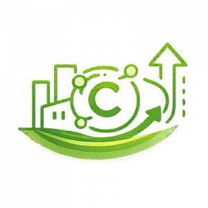 Minimal line‑art icon showing a green factory with a carbon symbol “C” and an upward arrow. Represents optimisation and emission reduction across operations and supply chains.