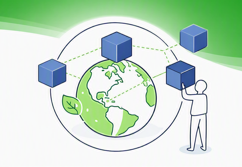 Hero illustration showing a globe connected to three blue cubes with dotted green lines, alongside a human figure interacting with one cube. Designed in CO₂OC’s minimal digital‑intelligence style to represent global environmental performance and the CarbonOps™ platform.