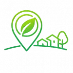 A green gradient line location pin containing a leaf, placed beside small houses and a tree, representing community‑level environmental diagnostics.