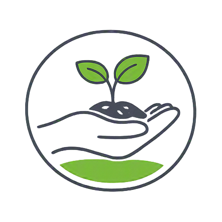 Minimal line‑art icon showing a hand holding a sprouting plant inside a circular frame, with green accents. Represents nature‑based implementation and on‑ground climate action.