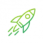 A green gradient line rocket icon lifting upward with motion lines, symbolising rapid 90‑day deployment.