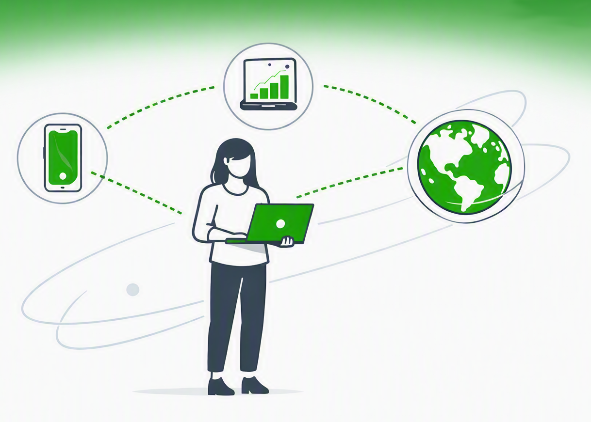 Minimal line‑art hero illustration showing a person holding a laptop connected by dotted green lines to a smartphone, tablet, and globe. Designed in CO₂OC’s green‑accent style to represent digital communication and environmental intelligence.