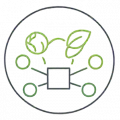 Minimal line‑art icon with a central square connected to two nodes: one globe and one leaf, linked by green dotted lines. Represents integrated environmental performance and high‑integrity offsetting.